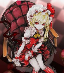 Rule 34 | 1girl, absurdres, ascot, blonde hair, blurry, checkered floor, choker, closed mouth, crystal, depth of field, flandre scarlet, frilled shirt collar, frills, from above, hat, hat ribbon, highres, kneehighs, looking at viewer, looking up, mob cap, pale skin, pointy ears, puffy short sleeves, puffy sleeves, red eyes, red ribbon, red skirt, red vest, ribbon, short sleeves, side ponytail, sitting, skirt, skirt set, smile, socks, solo, striped clothes, striped socks, touhou, vest, wings, wrist cuffs, yutapon