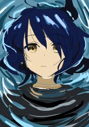 Rule 34 | 1girl, :/, afloat, black shirt, blue hair, bocchi the rock!, closed mouth, expressionless, floating hair, hair over one eye, highres, kerorira, looking at viewer, mole, mole under eye, partially submerged, portrait, ripples, shirt, short hair, solo, water, wet, yamada ryo, yellow eyes