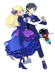 Rule 34 | 1boy, 1girl, 1other, alternate costume, alternate hairstyle, atsumi yoshioka, bare shoulders, black eyes, black hair, blonde hair, blue bow, blue dress, blue footwear, blue suit, blush, bow, bowtie, braid, buttons, closed mouth, commentary request, cosmog, creatures (company), dancing, detached sleeves, dress, elbow gloves, elio (pokemon), flower, formal, frilled skirt, frills, game freak, gen 7 pokemon, gloves, green eyes, hair flower, hair ornament, hand on another&#039;s back, high heels, holding hands, instrument, legendary pokemon, lillie (anniversary 2021) (pokemon), lillie (pokemon), long hair, long sleeves, looking at another, looking away, music, nintendo, official alternate costume, open mouth, playing instrument, pocket, pokemon, pokemon (creature), pokemon masters ex, pokemon sm, ponytail, purple bow, purple neckwear, red flower, shoes, short hair, short ponytail, side braid, simple background, skirt, sleeveless, smile, suit, turtleneck, turtleneck dress, violin, waltz (dance), white background, white gloves