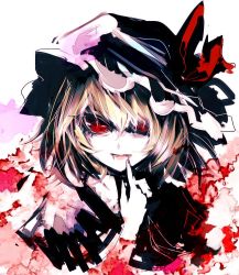 Rule 34 | 1girl, blonde hair, bow, bright pupils, eyelashes, fang, fang out, finger to mouth, flandre scarlet, hair between eyes, hat, hat bow, lips, looking at viewer, mob cap, paint splatter, red eyes, scribble, short hair, short sleeves, slit pupils, solo, touhou, uni (bom19850101), white background, white pupils