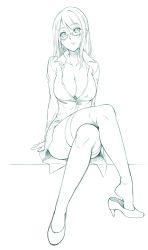 Rule 34 | 1girl, :3, breasts, cleavage, dress shirt, glasses, highres, korisei, large breasts, crossed legs, lineart, looking at viewer, monochrome, original, shirt, shoe dangle, sitting, solo, thighhighs