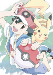 Rule 34 | 1boy, :d, ash ketchum, black hair, blue footwear, blue vest, brown eyes, commentary request, creatures (company), game freak, gen 1 pokemon, happy, hat, looking at viewer, male focus, morishima noriko, nintendo, on shoulder, open mouth, pikachu, pokemon, pokemon (anime), pokemon (creature), pokemon journeys, pokemon on shoulder, red headwear, shirt, shoes, short hair, short sleeves, shorts, smile, t-shirt, teeth, tongue, upper teeth only, vest, white shirt
