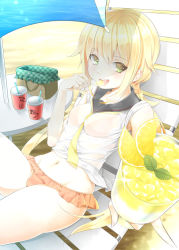Rule 34 | 10s, 1girl, bad id, bad pixiv id, bare arms, beach, between breasts, bikini, bikini bottom only, blonde hair, blue umbrella, breasts, chair, commentary request, cowboy shot, cup, day, deck chair, disposable cup, drink, drinking glass, drinking straw, eating, eyebrows, food, from side, fruit, green eyes, himawarino-tane, holding, holding cup, holding drinking glass, holding food, ice, ice cube, kantai collection, leaf, lemon, long hair, looking at viewer, lounge chair, low twintails, navel, necktie, necktie between breasts, no jacket, no pants, open mouth, outdoors, partially translated, picnic basket, popsicle, reclining, sand, satsuki (kancolle), satsuki kai ni (kancolle), sleeves rolled up, small breasts, smiley face, solo, sparkle, swimsuit, table, translation request, twintails, umbrella, very long hair, yellow necktie