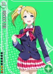 Rule 34 | 10s, 1girl, :d, ayase eli, blazer, blonde hair, blue eyes, blush, bow, bowtie, buttons, card (medium), character name, collared shirt, diamond (shape), green background, hair bow, high ponytail, jacket, layered clothes, long hair, long sleeves, looking at viewer, love live!, love live! school idol festival, love live! school idol project, official art, open mouth, otonokizaka school uniform, plaid, plaid bow, plaid bowtie, plaid neckwear, plaid skirt, pleated skirt, red bow, red bowtie, red skirt, school uniform, shirt, side ponytail, skirt, smile, solo, standing, star (symbol), swept bangs, tug, white bow, white shirt