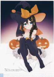 Rule 34 | 1girl, absurdres, bare shoulders, bed sheet, black hair, black thighhighs, blue eyes, blush, braid, breasts, cleavage, dress, frilled dress, frills, gloves, hair between eyes, hair ornament, hair over shoulder, hair ribbon, hairpin, halloween, hand on headwear, hat, hat ribbon, highres, jack-o&#039;-lantern, juliet sleeves, kantai collection, knees up, letterboxed, long hair, long sleeves, looking at viewer, medium breasts, naoto (tulip), no shoes, off shoulder, panties, pantyshot, parted lips, puffy sleeves, pumpkin, ribbon, scan, shigure (kancolle), shigure kai ni (kancolle), single braid, sitting, solo, striped clothes, striped panties, thighhighs, underwear, witch, witch hat