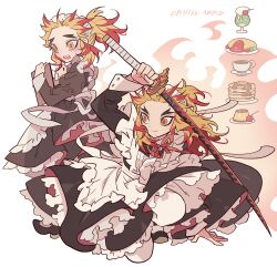 Rule 34 | 2boys, alternate costume, apron, arm up, black dress, black footwear, blonde hair, brothers, cherry, closed mouth, coffee cup, colored tips, commentary request, cream soda, crossdressing, cup, disposable cup, dress, enmaided, food, forked eyebrows, frilled apron, frills, fruit, full body, highres, holding, holding menu, holding sword, holding weapon, juliet sleeves, katana, kimetsu no yaiba, long sleeves, maid, maid apron, maid headdress, male focus, male maid, menu, meremero, multicolored hair, multiple boys, omelet, omurice, open mouth, pancake, pancake stack, plate, pudding, puffy sleeves, red hair, rengoku kyoujurou, rengoku senjurou, shoes, siblings, sitting, smile, standing, sword, weapon, white apron, white background