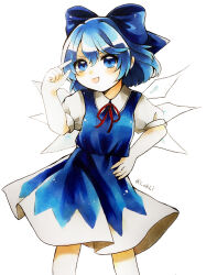 Rule 34 | 1girl, arm up, blue bow, blue eyes, blue hair, blue skirt, blue vest, bow, cirno, feet out of frame, hair between eyes, hair bow, hand on own hip, looking at viewer, maa (forsythia1729), neck ribbon, open mouth, puffy short sleeves, puffy sleeves, red ribbon, ribbon, shirt, short sleeves, simple background, skirt, solo, touhou, vest, white background, white shirt, wings