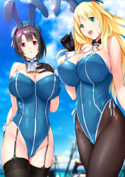 Rule 34 | 2girls, absurdres, adapted costume, animal ears, ascot, atago (kancolle), beret, black gloves, black hair, black legwear, blonde hair, blue headwear, blue leotard, blue sky, breasts, cleavage, cloud, commentary request, cowboy shot, crane (machine), day, detached collar, dragon@harry, fake animal ears, garter straps, gloves, hat, highres, horizon, kantai collection, large breasts, leotard, long hair, multiple girls, open mouth, outdoors, pantyhose, playboy bunny, rabbit ears, red eyes, round teeth, short hair, sky, smile, standing, strapless, strapless leotard, takao (kancolle), teeth, thighhighs, upper teeth only, white ascot, wrist cuffs