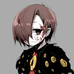 Rule 34 | 1boy, blood, blood on face, brown eyes, brown hair, closed mouth, commentary request, employee (project moon), empty eyes, hair over one eye, harvest fes, lobotomy corporation, male focus, pale skin, portrait, project moon, red shirt, shirt, short hair, simple background, sketch, solo