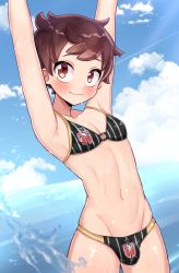 Rule 34 | 1boy, alternate costume, arms up, bad id, bad pixiv id, bare arms, bikini, bikini day, blush, brown eyes, brown hair, bulge, closed mouth, cloud, commentary, creatures (company), crossdressing, day, game freak, highres, looking at viewer, male focus, navel, nintendo, outdoors, pokemon, pokemon swsh, shiny skin, short hair, sky, sleepy (mu68968), smile, solo, sparkle, swimsuit, victor (pokemon), water