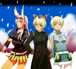 Rule 34 | 3girls, animal ears, blonde hair, blue eyes, breasts, buttons, gloves, goggles, goggles on head, green eyes, hanna-justina marseille, hanna rudel, hanna wind, head wings, multiple girls, name connection, pantyhose, ponytail, skirt, smile, strike witches, strike witches: aurora no majo, strike witches: suomus misfits squadron, unier, wings, witches of africa, world witches series