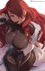 Rule 34 | 1girl, :o, black bodysuit, black gloves, bodysuit, breasts, cleavage, commentary, english commentary, gloves, hair over one eye, kirijou mitsuru, large breasts, long hair, looking at viewer, mirai hikari, one eye covered, parted lips, patreon username, persona, persona 3, red eyes, red hair, simple background, solo, thighs, white background