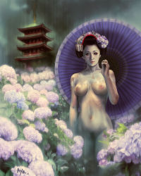 Rule 34 | 1girl, architecture, artist name, ayatonas, black hair, bodypaint, breasts, dripping, east asian architecture, eyeliner, female focus, female pubic hair, flower, geisha, ghost, green eyes, hair ornament, highres, holding, holding umbrella, hydrangea, kanzashi, lips, looking at viewer, makeup, medium breasts, nature, navel, nihongami, nipples, nude, oil-paper umbrella, original, outdoors, pagoda, plant, pubic hair, rain, realistic, signature, sky, solo, standing, umbrella