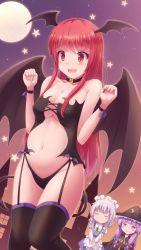 Rule 34 | 3girls, :d, bare shoulders, bat wings, black choker, black garter straps, black thighhighs, breasts, chibi, choker, cleavage, commentary request, demon girl, demon tail, full moon, garter straps, hands up, hat, head wings, highres, izayoi sakuya, koakuma, long hair, lzh, maid, maid headdress, medium breasts, moon, multiple girls, navel, open mouth, patchouli knowledge, red eyes, red hair, revealing clothes, ribbon, smile, solo focus, star (sky), stomach, sweatdrop, tail, thighhighs, touhou, very long hair, wings, witch hat, wrist ribbon