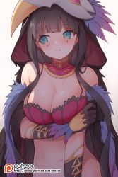 Rule 34 | 1girl, animal ears, arm under breasts, bare shoulders, black gloves, black hair, blunt bangs, blush, breast hold, breasts, brown dust, celia (brown dust), cleavage, commentary request, detached collar, facial mark, fur trim, gloves, highres, large breasts, long hair, looking to the side, mask, mask on head, navel, parted lips, revision, simple background, solo, stomach, upper body, waero, watermark, web address, white background