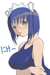 Rule 34 | 2k-tan, blue eyes, blue hair, blue one-piece swimsuit, breast hold, breasts, character name, glasses, large breasts, one-piece swimsuit, os-tan, school swimsuit, solo, swimsuit