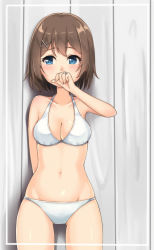 Rule 34 | 10s, 1girl, alternate costume, arm behind back, bad id, bad pixiv id, bare arms, bare shoulders, bikini, blue eyes, blush, breasts, brown hair, cleavage, collarbone, covering own mouth, hair ornament, halterneck, hand over own mouth, highres, jewelry, kantai collection, looking away, maya (kancolle), navel, reina (leinqchqn), ring, short hair, solo, standing, swimsuit, wedding band, wedding ring, white bikini, x hair ornament