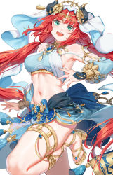 Rule 34 | 1girl, aqua eyes, armpits, blue skirt, blush, bracer, breasts, brooch, circlet, detached sleeves, fake horns, fangxiang cuoluan, genshin impact, harem outfit, highres, horns, jewelry, long hair, long sleeves, looking at viewer, low twintails, medium breasts, neck ring, nilou (genshin impact), open mouth, parted bangs, puffy long sleeves, puffy sleeves, red hair, skirt, solo, stomach, teeth, thighlet, thighs, twintails, upper teeth only, veil, white headwear