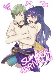 Rule 34 | 1boy, 1girl, ^^^, abs, absurdres, blue hair, blush, braid, brother and sister, closed eyes, clothes around waist, couple, cowboy shot, crossed arms, ebinku, english text, fire emblem, fire emblem: the sacred stones, fire emblem heroes, frown, green eyes, green hair, hetero, highres, hug, hug from behind, incest, innes (fire emblem), jewelry, laughing, long hair, looking at another, navel, necklace, nintendo, open mouth, ponytail, short hair, shorts, siblings, simple background, smile, squiggle, sweatdrop, swimsuit, tana (fire emblem), tana (summer) (fire emblem), topless male, twin braids, white background