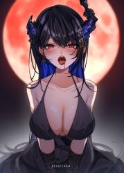 Rule 34 | 1girl, asymmetrical horns, black hair, blue hair, breasts, colored inner hair, demon horns, fangs, hair ornament, highres, hololive, hololive english, horns, keisea, large breasts, long hair, looking at viewer, mole, mole under eye, multicolored hair, nerissa ravencroft, open mouth, red eyes, sharp teeth, solo, teeth, two-tone hair, uneven horns, vampire, very long hair, virtual youtuber
