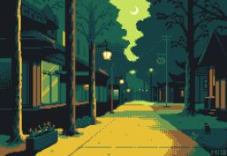 Rule 34 | animated, animated gif, black cat, building, cat, crescent moon, fireflies, flower, green theme, lamppost, m178music, moon, night, outdoors, pixel art, power lines, scenery, sign, tree