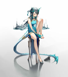 Rule 34 | 1girl, absurdres, arknights, bare arms, bare legs, bare shoulders, barefoot, bingdongluofeiyu, black footwear, black hair, blue dress, blue hair, blue skin, blush, breasts, chinese commentary, closed mouth, colored skin, commentary request, dragon girl, dragon horns, dragon tail, dress, dusk (arknights), dusk (everything is a miracle) (arknights), earrings, full body, gradient background, gradient skin, high heels, highres, horns, jewelry, knee up, long hair, looking down, medium breasts, multicolored hair, official alternate costume, pelvic curtain, pointy ears, red eyes, reflective floor, shoes, unworn shoes, sitting, sleeveless, sleeveless dress, solo, stool, sweatdrop, tail, tail ornament, tail ring, two-tone hair, v-shaped eyebrows, very long hair, white background