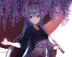 Rule 34 | 1girl, a20 (atsumaru), blue hair, clothing request, commentary request, cowboy shot, flower, hair between eyes, highres, holding, holding umbrella, japanese clothes, kimono, long hair, long sleeves, looking at viewer, noise, oil-paper umbrella, original, reaching, red eyes, simple background, solo, standing, tagme, teeth, umbrella, very long hair, white background, wide sleeves, wisteria