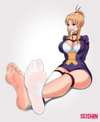 Rule 34 | 1girl, blonde hair, blue eyes, character request, feet, foot focus, gag, highres, long hair, restrained, rope, seishinashi, soles, solo, toes