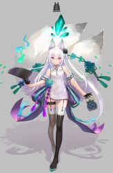Rule 34 | 1girl, animal ear fluff, animal ears, bare shoulders, commentary request, crystal, detached sleeves, dress, flower, fox ears, fox girl, fox tail, full body, gloves, glowing, gluteal fold, grey background, greyscale, hair between eyes, hand fan, highres, long hair, looking at viewer, monochrome, multiple tails, nanam (nanam sk), original, purple eyes, shadow, solo, standing, tail, thigh strap, thighhighs, white hair
