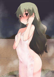 Rule 34 | 10s, 1girl, anchovy (girls und panzer), blush, brown eyes, covering privates, fence, girls und panzer, grey hair, hair down, hand in own hair, impossible towel, long hair, naked towel, nude cover, onsen, solo, steam, terazip, towel