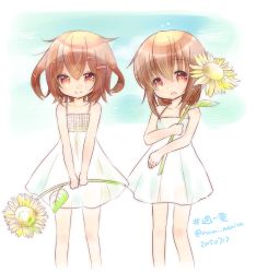 Rule 34 | 10s, 2girls, alternate costume, bad id, bad pixiv id, bare legs, brown eyes, brown hair, dated, dress, flower, folded ponytail, gradient background, hair ornament, hairclip, ikazuchi (kancolle), inazuma (kancolle), kantai collection, looking at viewer, multiple girls, narita rumi, open mouth, short hair, smile, sundress, sunflower, twitter username