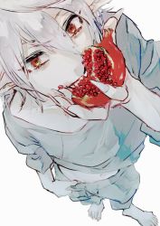 Rule 34 | 1boy, absurdres, bad perspective, barefoot, claws, eating, food, from above, fruit, grey pants, grey shirt, hair between eyes, highres, holding, holding food, holding fruit, kemono jihen, looking at viewer, medium hair, midriff, mihai florescu, navel, nenekoneko (muuhappy), pale skin, pants, pointy ears, pomegranate, red eyes, shirt, solo, standing, white background