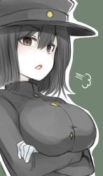 Rule 34 | 10eki (tenchou), 10s, 1girl, akitsu maru (kancolle), black eyes, black hair, breasts, buttons, crossed arms, gloves, green background, hat, highres, kantai collection, large breasts, long sleeves, looking at viewer, military, military hat, military uniform, open mouth, pale skin, peaked cap, short hair, simple background, solo, uniform, upper body, white background, white gloves