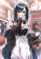 Rule 34 | 1girl, absurdres, apron, basket, black dress, black hair, black jacket, blue eyes, blue ribbon, breasts, cleavage, commentary, covered mouth, dress, eshineko, faceless, fur-trimmed jacket, fur trim, hand on own chin, highres, holding, holding basket, indoors, jacket, looking at viewer, maid, maid apron, maid headdress, medium breasts, medium hair, original, people, ribbon, shopping, shopping basket, sleeves past wrists, solo focus, standing, swept bangs, waist apron, white apron