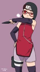 Rule 34 | arm warmers, black hair, blush, boruto: naruto next generations, female focus, forehead protector, frown, hand on own hip, holding, holding weapon, jacket, kunai (weapon), naruto (series), one eye half closed, red-framed eyewear, red jacket, red top, sharingan, short hair, shorts, simple background, sleeves past wrists, sleevless jacket, solo, spiked hair, uchiha sarada, weapon
