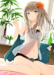 Rule 34 | 1girl, absurdres, aqua eyes, armpits, backlighting, bare arms, bare legs, bare shoulders, black panties, blush, bottle, breasts, camisole, center opening, closed mouth, day, feet out of frame, flower, grey shirt, hair flower, hair ornament, hand up, highres, long hair, looking at viewer, midriff, navel, no pants, off shoulder, one side up, orange flower, original, panties, plant, potted plant, scan, see-through, shirt, silver hair, sitting, sleeveless, sleeveless shirt, small breasts, solo, stomach, sunlight, sutorora, thighs, underwear, vase, wariza, window