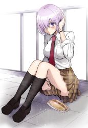 Rule 34 | 1girl, alternate costume, aono shimo, artist request, bad id, bad twitter id, black socks, blue footwear, blush, breasts, brown skirt, collared shirt, covering privates, covering crotch, expressionless, fate/grand order, fate (series), female focus, full body, glasses, hair over one eye, hand on head, highres, hot dog, kneehighs, large breasts, loafers, looking at viewer, mash kyrielight, necktie, outdoors, package, plaid, plaid skirt, pocket, railing, red necktie, rimless eyewear, school uniform, shirt, shoes, short hair, sitting, skirt, socks, solo, thighs, tile floor, tiles, white shirt, wristband