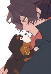 1boy animal black_hair blush chago_(aruchagos7180) dog fate/grand_order fate_(series) from_side holding holding_animal holding_dog long_sleeves male_focus okada_izou_(fate) orange_ribbon ribbon simple_background solo sousuke_(fate) upper_body white_background yellow_eyes