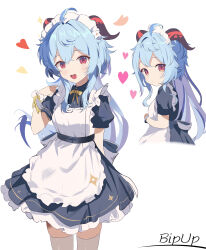 Rule 34 | 1girl, :d, absurdres, ahoge, alternate costume, apron, arm behind back, artist name, bipup-hola, black dress, blue hair, blush, closed mouth, commentary request, dress, enmaided, frilled dress, frills, ganyu (genshin impact), genshin impact, heart, highres, long hair, looking at viewer, looking to the side, maid, maid headdress, multiple views, neck ribbon, open mouth, red eyes, ribbon, short dress, simple background, smile, thighhighs, very long hair, white apron, white background, wrist cuffs, yellow ribbon, zettai ryouiki