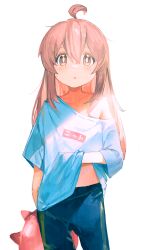 Rule 34 | 1girl, absurdres, ahoge, backlighting, black pants, brown eyes, commentary, hair between eyes, hand under clothes, highres, holding, holding stuffed toy, light blush, long hair, looking at viewer, natsuyamai, off shoulder, onii-chan wa oshimai!, oversized clothes, oversized shirt, oyama mahiro, pants, pink hair, scratching stomach, shirt, simple background, single bare shoulder, solo, stuffed toy, white background, white shirt