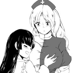 Rule 34 | 2girls, blunt bangs, blush, braid, grabbing another&#039;s breast, closed eyes, deetamu, dress, frilled shirt collar, frills, grabbing, greyscale, hand on another&#039;s chest, hat, head on chest, highres, hime cut, houraisan kaguya, long hair, looking at another, looking down, monochrome, multicolored clothes, multicolored dress, multiple girls, nurse cap, parted bangs, parted lips, short sleeves, simple background, single braid, surprised, touhou, very long hair, white background, yagokoro eirin, yuri