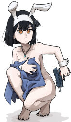 Rule 34 | 1girl, animal ears, aya (bunnygunart), black hair, black nails, blue towel, blunt ends, brown eyes, bunnygunart, covering privates, expressionless, fake animal ears, full body, gun, hairband, highres, holding, holding gun, holding weapon, jewelry, looking at viewer, medium hair, naked towel, necklace, nude, nude cover, original, rabbit ears, shadow, simple background, solo, squatting, towel, weapon, white background, white hairband, wrist cuffs