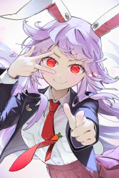 Rule 34 | 1girl, animal ears, black jacket, blazer, blush, breasts, closed mouth, collared shirt, highres, jacket, large breasts, long hair, long sleeves, looking at viewer, necktie, open clothes, open jacket, pink skirt, pleated skirt, pointing, pointing at viewer, purple hair, rabbit ears, rabbit tail, red eyes, red necktie, reisen udongein inaba, shirt, skirt, smile, solo, syuri22, tail, touhou, v, white shirt