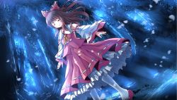 Rule 34 | 1girl, ascot, bow, brown hair, detached sleeves, closed eyes, forest, hair bow, hair tubes, hakurei reimu, highres, long sleeves, moonlight, nature, outstretched arms, petals, ribbon-trimmed skirt, ribbon-trimmed sleeves, ribbon trim, risutaru, shirt, skirt, skirt set, smile, solo, touhou, wide sleeves