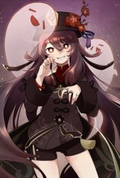Rule 34 | 1girl, black shorts, brown hair, chinese clothes, collared coat, colored tips, commentary request, flower, flower-shaped pupils, genshin impact, ghost, ghost pose, grin, hat, hat flower, highres, hu tao (genshin impact), jewelry, kalua, long hair, multicolored hair, multiple rings, plum blossoms, porkpie hat, red eyes, ring, shorts, smile, solo, symbol-shaped pupils, twintails