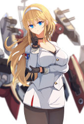 Rule 34 | 1girl, absurdres, arm under breasts, armband, azur lane, black choker, black gloves, black pantyhose, blonde hair, blue eyes, breasts, choker, cleavage, closed mouth, cross, cross choker, finger to face, gloves, hairband, hane (feathe02), highres, holding own arm, large breasts, long hair, looking at viewer, military, military uniform, north carolina (azur lane), pantyhose, rigging, smile, solo, uniform, white hairband