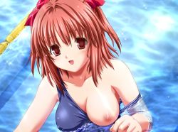 Rule 34 | 1girl, :d, blue one-piece swimsuit, blush, breast slip, breasts, covered erect nipples, game cg, hair intakes, hair ribbon, happy, lane line, large breasts, looking at viewer, makino konoha, nekonyan, nipples, one-piece swimsuit, one breast out, open mouth, partially submerged, pool, raspberry (game), red eyes, red hair, ribbon, school swimsuit, short hair, smile, solo, sparkle, strap slip, swimsuit, two side up, upper body, wardrobe malfunction, water
