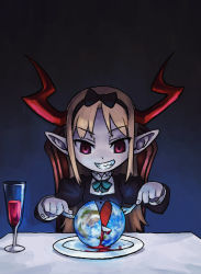 Rule 34 | 1girl, alcohol, bad id, bad pixiv id, blonde hair, blood, child, chingisu, demon, earth (planet), eating, evil, fang, fangs, fork, giant, giantess, hairband, holding, holding fork, horns, knife, long hair, plate, pointy ears, red eyes, sitting, solo, wine