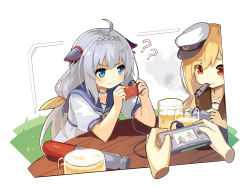 Rule 34 | 2girls, ?, admiral scheer (warship girls r), ahoge, alcohol, beer, beer mug, blonde hair, blue eyes, blue sailor collar, blush, braid, cigar, claxton (warship girls r), collarbone, confused, creatures (company), crying, crying with eyes open, cup, disembodied limb, elbows on table, game boy micro, game console, game freak, game link cable, hair between eyes, hair ornament, hair ribbon, handheld game console, hat, highres, holding, lino-lin, long hair, military hat, mug, multiple girls, nintendo, outdoors, peaked cap, playing games, pokemon, red eyes, ribbon, sailor collar, school uniform, serafuku, shirt, short sleeves, silver hair, simple background, sitting, smoke, smoking, streaming tears, table, tears, torpedo, uniform, video game, warship girls r, white headwear, white shirt, wooden table