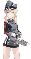 Rule 34 | 10s, 1girl, bad id, bad twitter id, black skirt, blonde hair, blue eyes, cowboy shot, cross, fujibejifu, gloves, hat, holding, iron cross, kantai collection, long hair, long sleeves, microskirt, military, military uniform, open mouth, peaked cap, prinz eugen (kancolle), skirt, solo, turret, twintails, uniform, white gloves